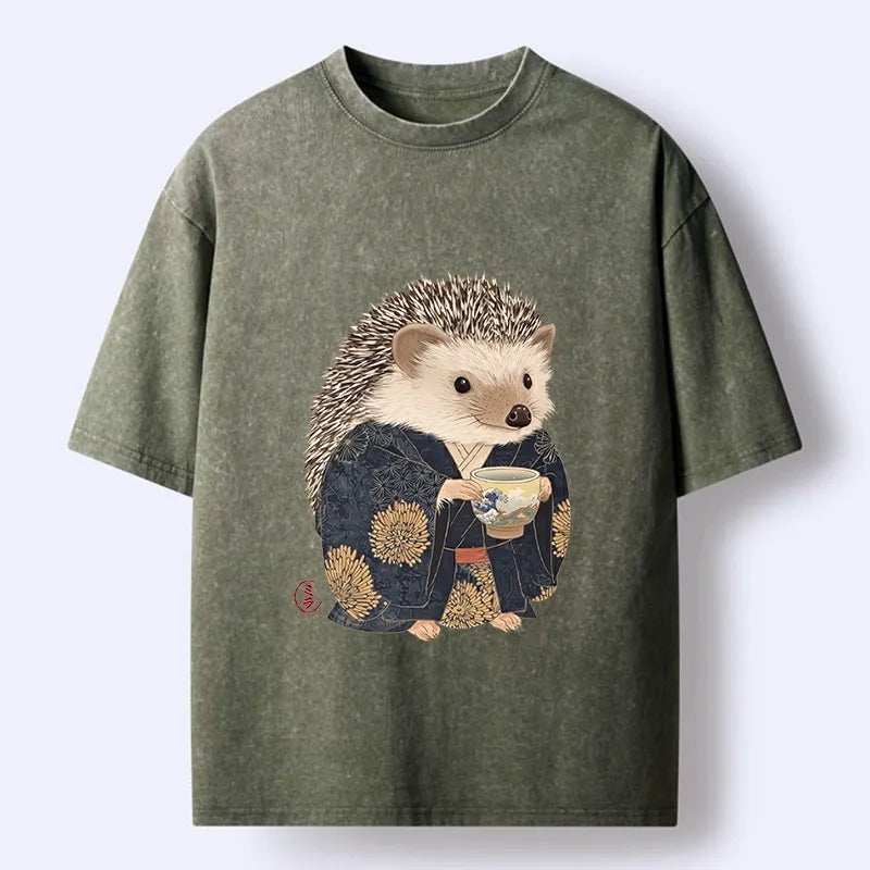 Kyoto-Lion Kimono Hedgehog Tea Washed T-shirt