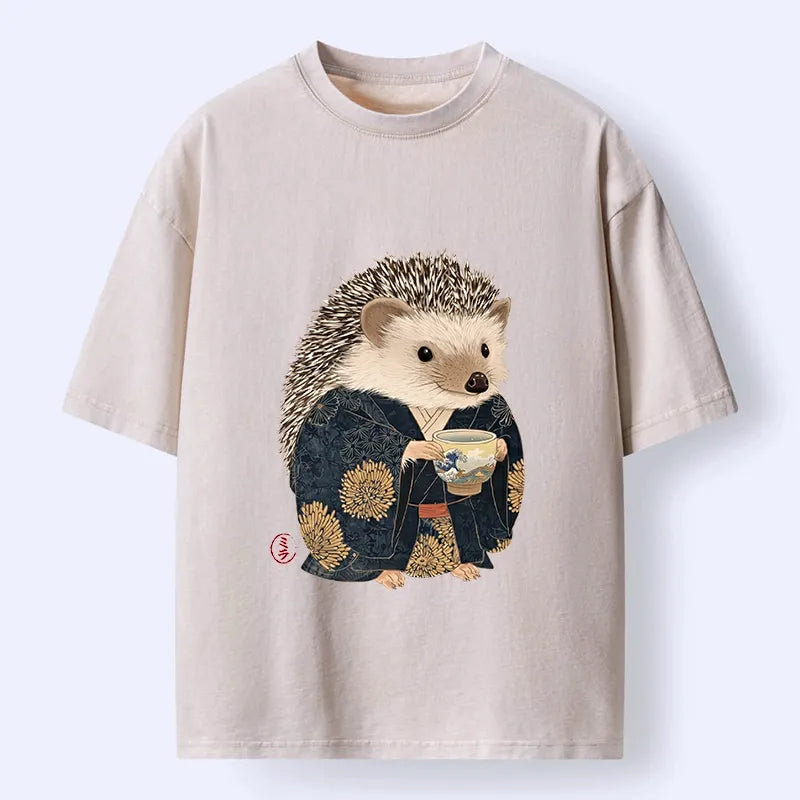 Kyoto-Lion Kimono Hedgehog Tea Washed T-shirt