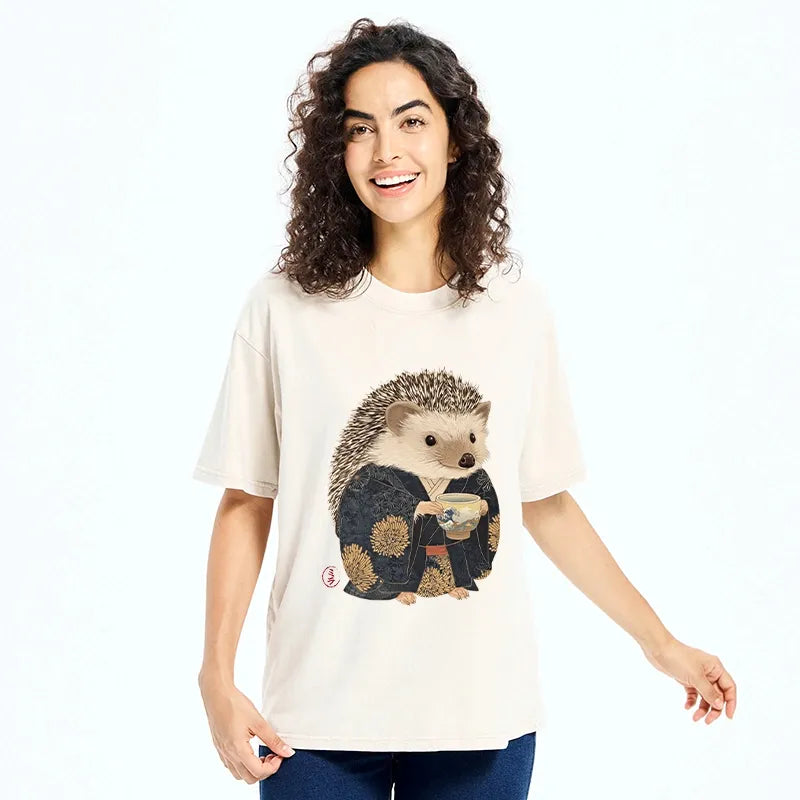 Kyoto-Lion Kimono Hedgehog Tea Washed T-shirt