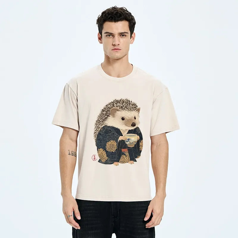 Kyoto-Lion Kimono Hedgehog Tea Washed T-shirt