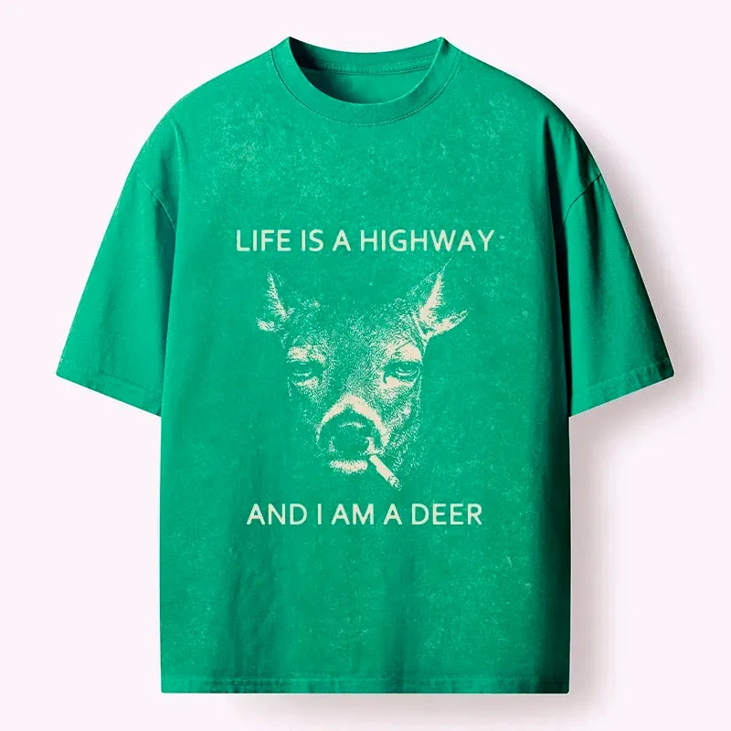 Kyoto-Lion Life Is Highway Deer Washed T-Shirt