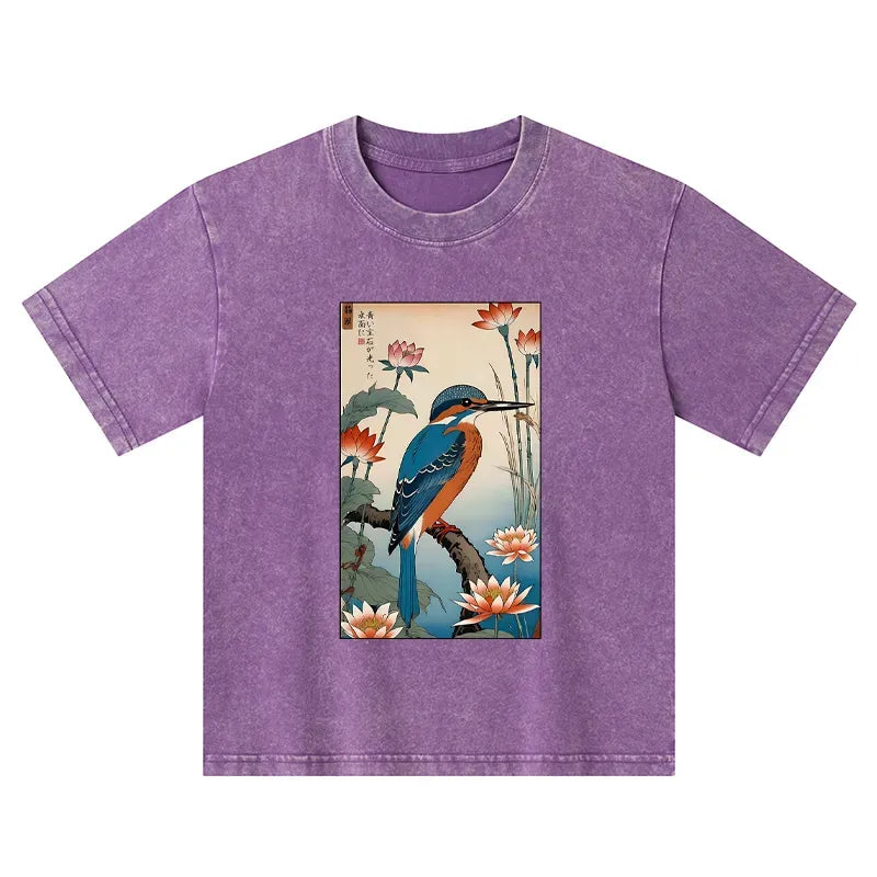 Kyoto-Lion Ukiyo-e Kingfisher Kids Washed T-Shirt