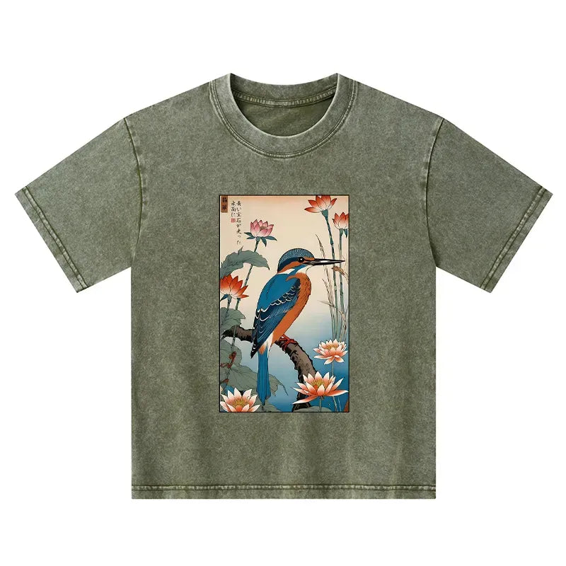 Kyoto-Lion Ukiyo-e Kingfisher Kids Washed T-Shirt