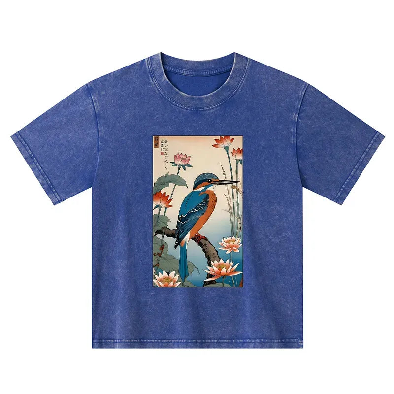 Kyoto-Lion Ukiyo-e Kingfisher Kids Washed T-Shirt