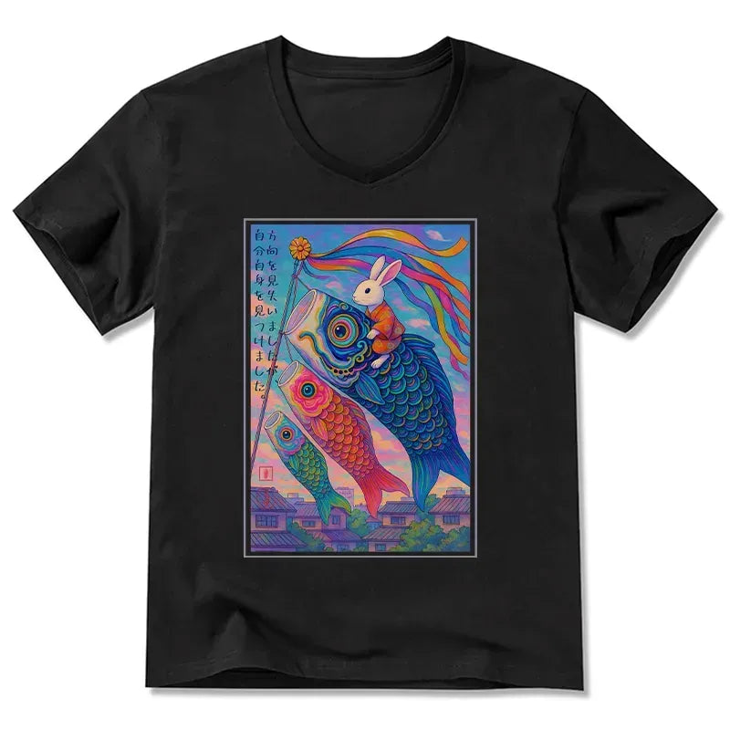 Kyoto-Lion Ukiyoe Rabbit Ride Carp streamer Poster V-Neck Classic T-Shirt