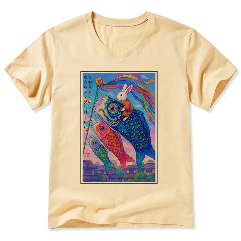 japanese ukiyoe rabbit carp streamer v neck t-shirt