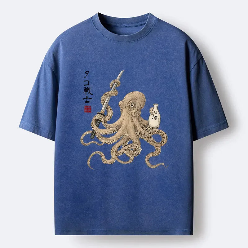 Kyoto-Lion Octopus Samurai And Sake Washed T-Shirt