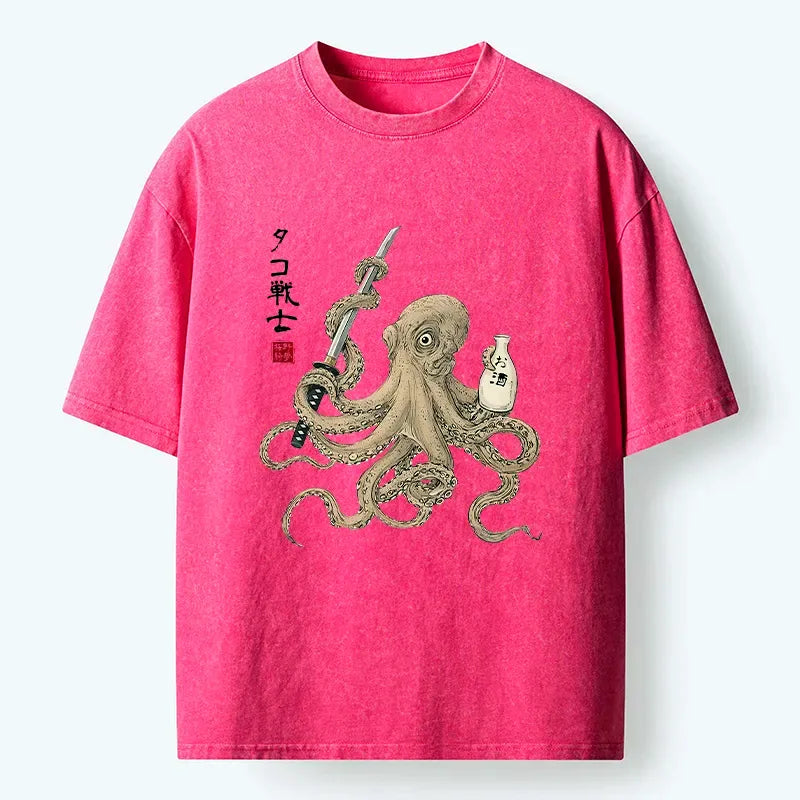 Kyoto-Lion Octopus Samurai And Sake Washed T-Shirt