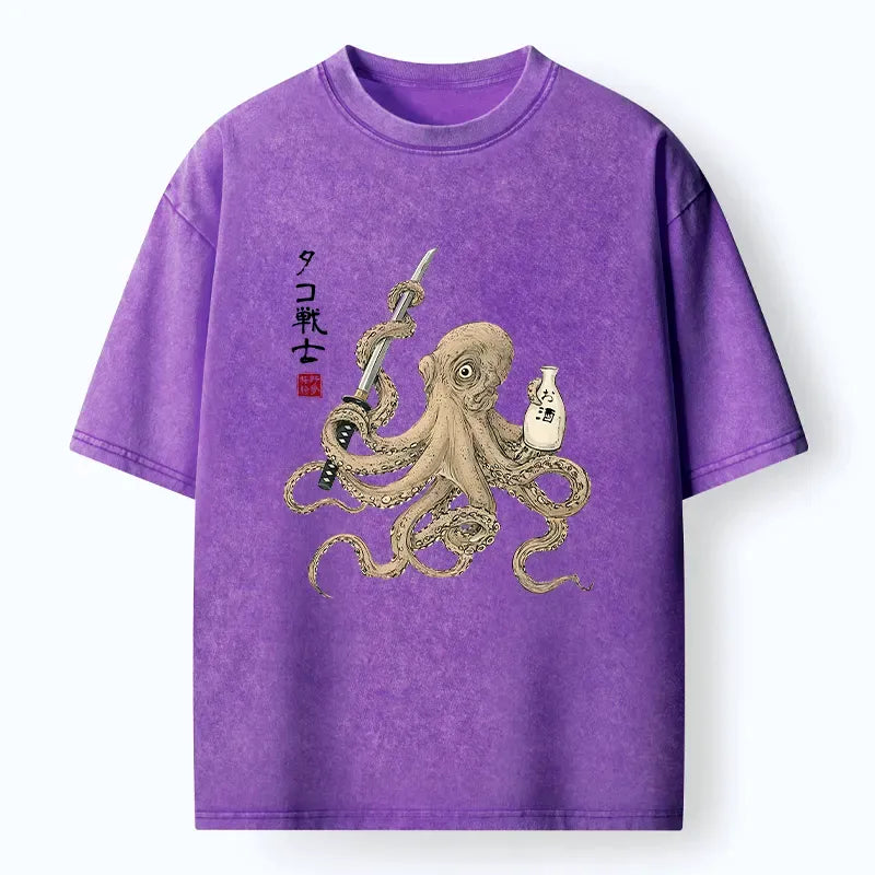 Kyoto-Lion Octopus Samurai And Sake Washed T-Shirt