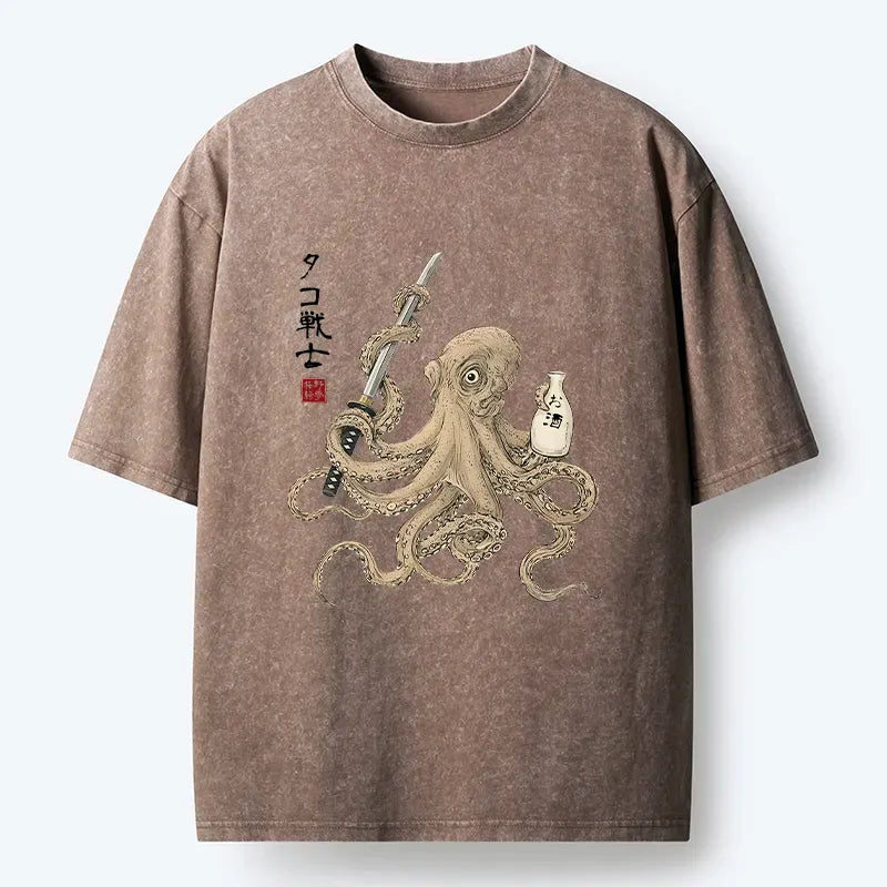 Kyoto-Lion Octopus Samurai And Sake Washed T-Shirt