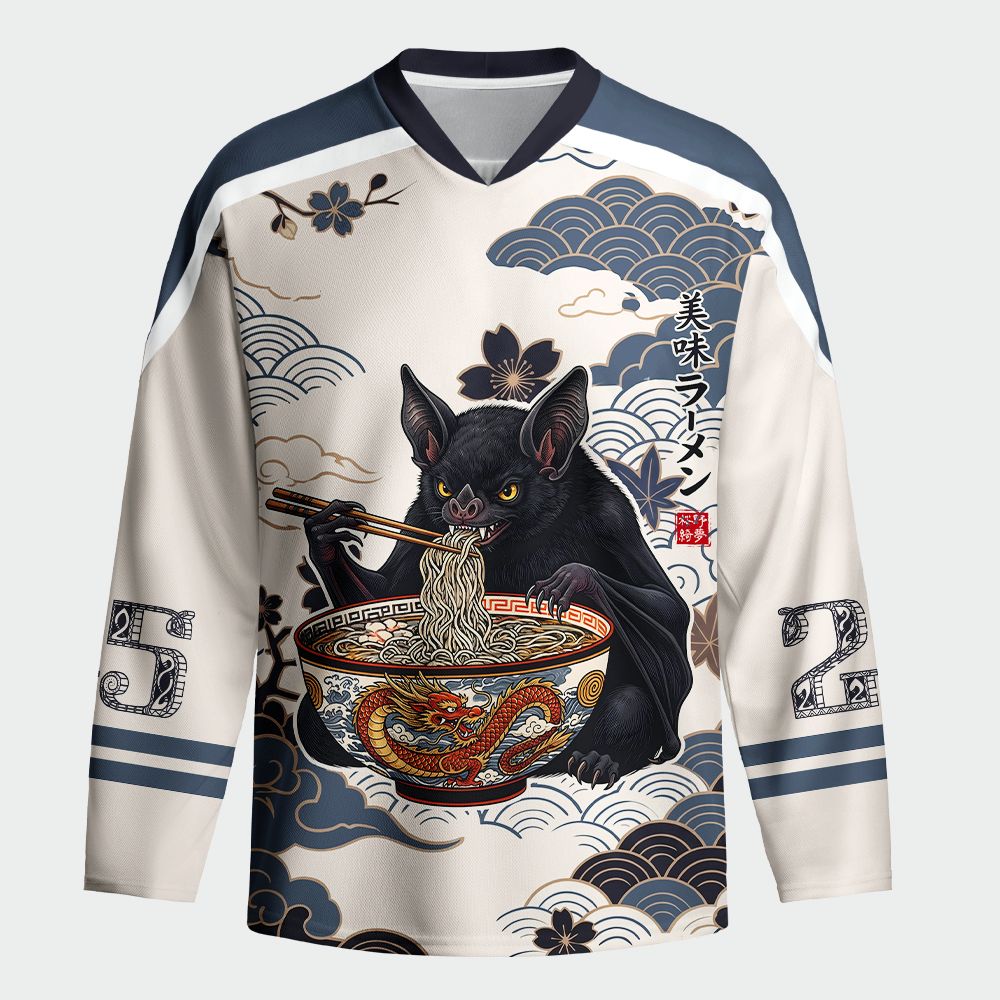 Kyoto-Lion Japanese Bat Eating Ramen Long-Sleeve Hockey Jersey