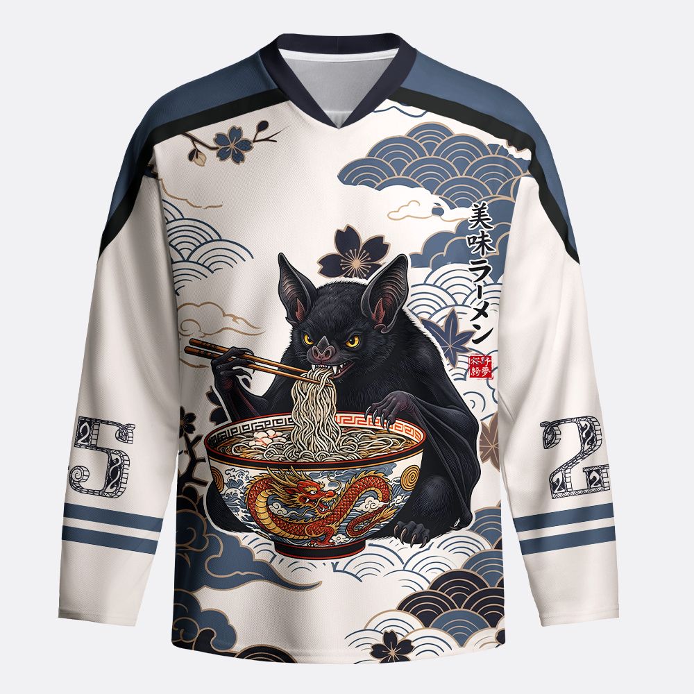 Kyoto-Lion Japanese Bat Eating Ramen Long-Sleeve Hockey Jersey