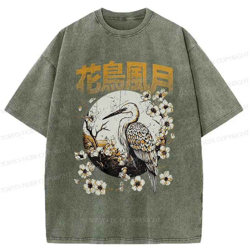 Kyoto-Lion Flowers Birds Wind And Moon Washed T-Shirt
