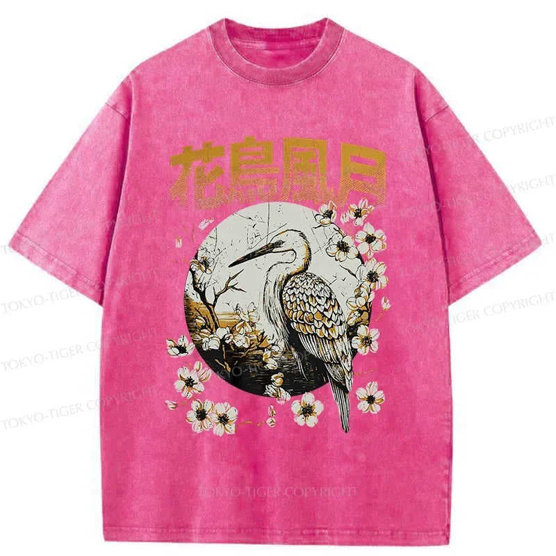 Kyoto-Lion Flowers Birds Wind And Moon Washed T-Shirt