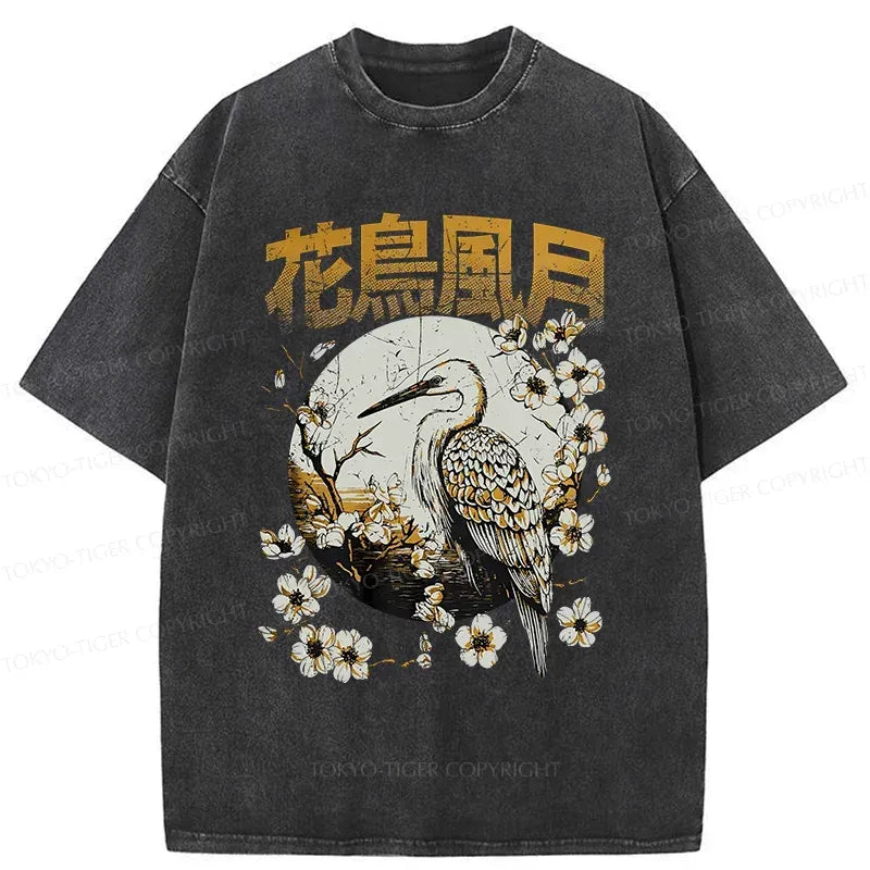 Kyoto-Lion Flowers Birds Wind And Moon Washed T-Shirt