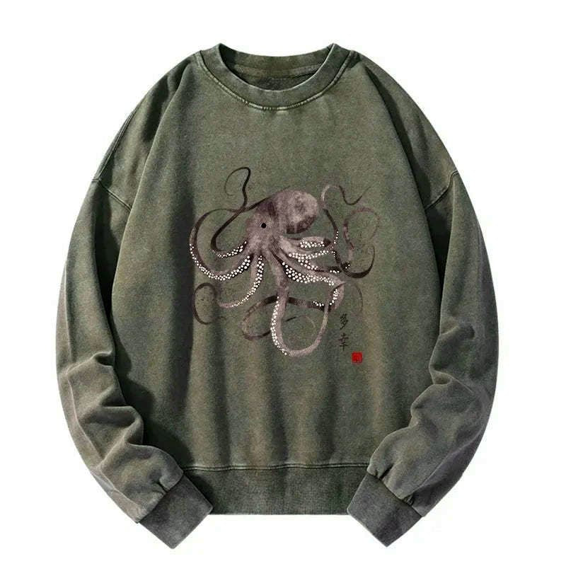 Kyoto-Lion Octopus Japanese Calligraphy Washed Sweatshirt