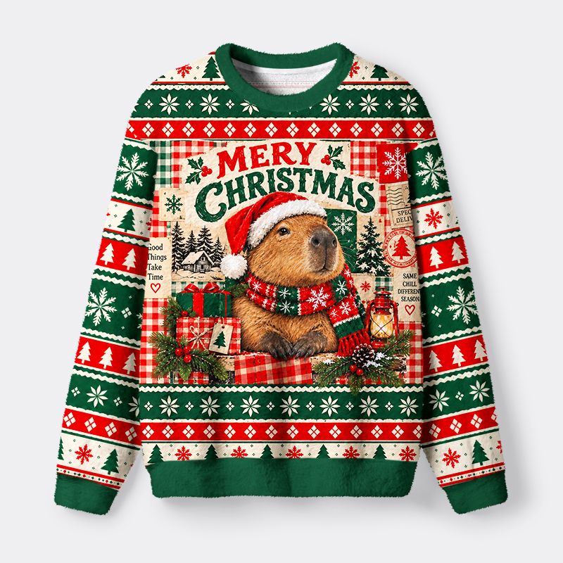 Kyoto-Lion Capybara Christmas Vibes Fuzzy Christmas Ugly Sweatshirt
