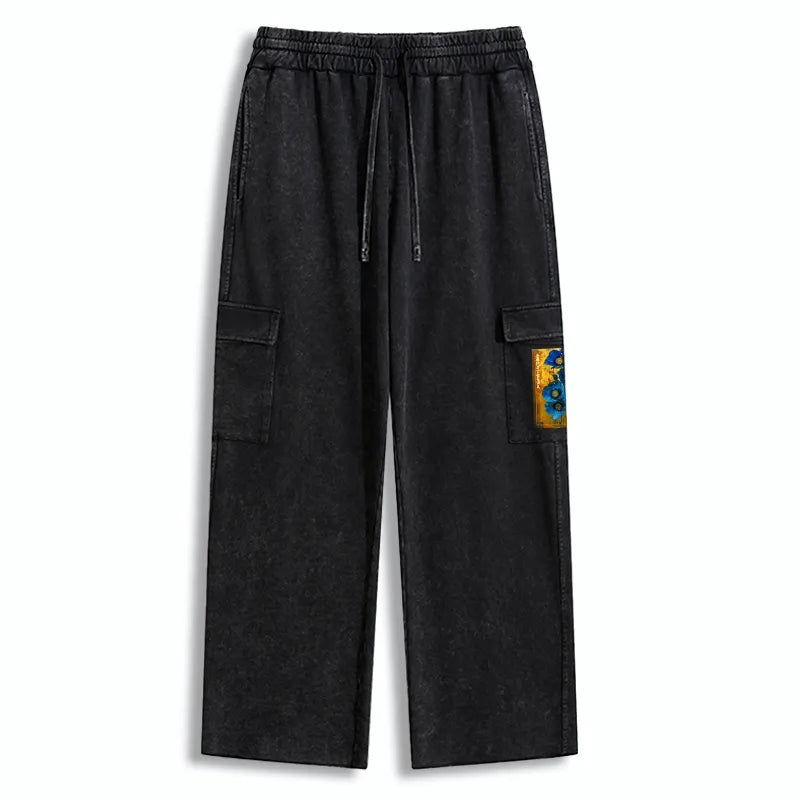 Kyoto-Lion Shiny Blue Flower Warm Golden Background Washed Utility Sweatpants