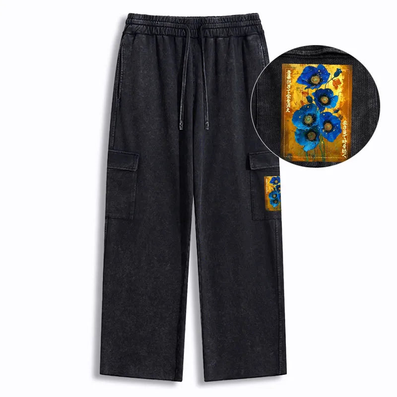 Kyoto-Lion Shiny Blue Flower Warm Golden Background Washed Utility Sweatpants