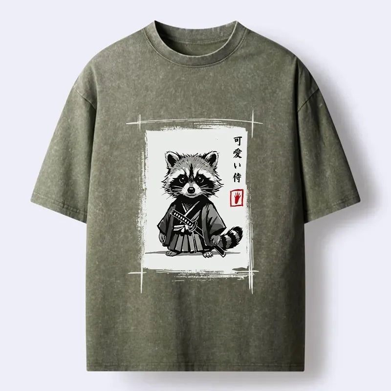 Kyoto-Lion Cute Samurai Raccoon Sumi Ink Art Washed T-Shirt