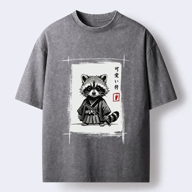 Kyoto-Lion Cute Samurai Raccoon Sumi Ink Art Washed T-Shirt