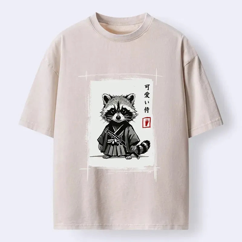 Kyoto-Lion Cute Samurai Raccoon Sumi Ink Art Washed T-Shirt