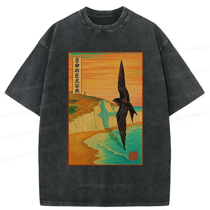 Kyoto-Lion Large And Unconstrained Swallow Washed T-Shirt