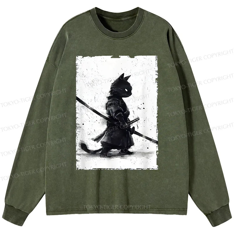 Kyoto-Lion Retro Cat Samurai Japanese Washed Long Sleeve T-Shirt