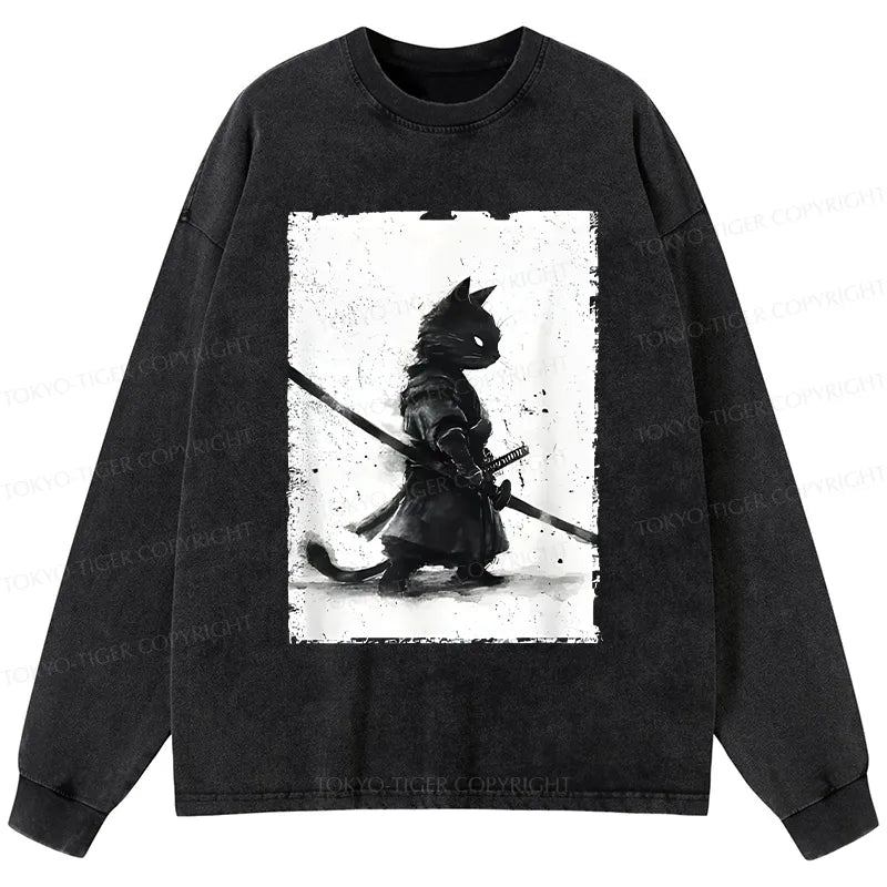 Kyoto-Lion Retro Cat Samurai Japanese Washed Long Sleeve T-Shirt