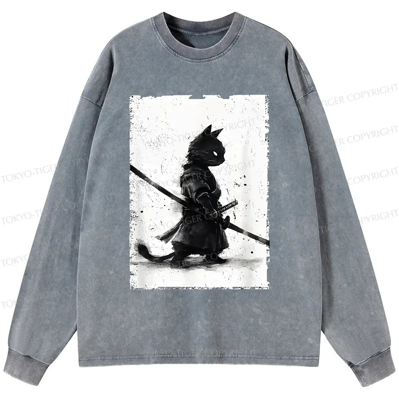 Kyoto-Lion Retro Cat Samurai Japanese Washed Long Sleeve T-Shirt
