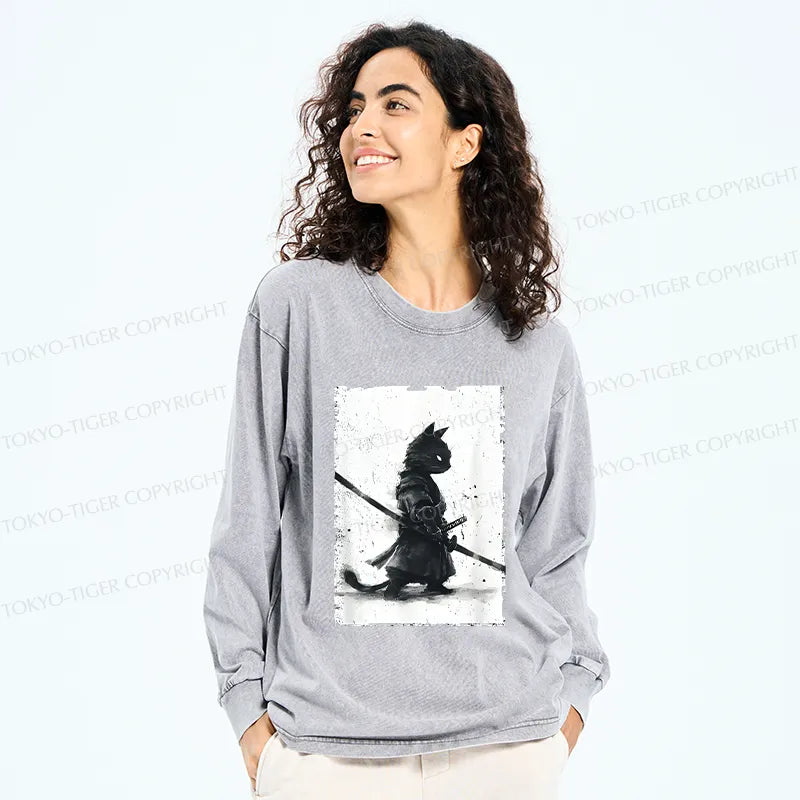 Kyoto-Lion Retro Cat Samurai Japanese Washed Long Sleeve T-Shirt