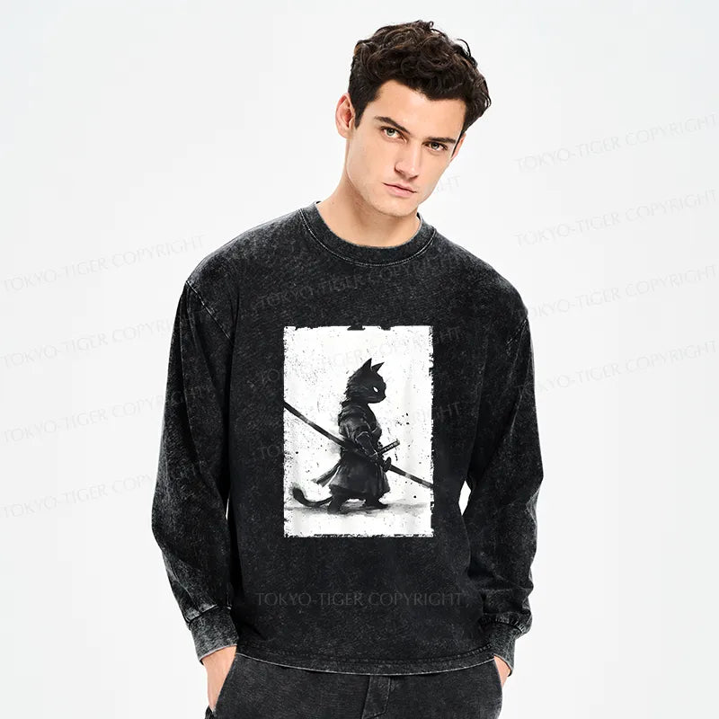 Kyoto-Lion Retro Cat Samurai Japanese Washed Long Sleeve T-Shirt