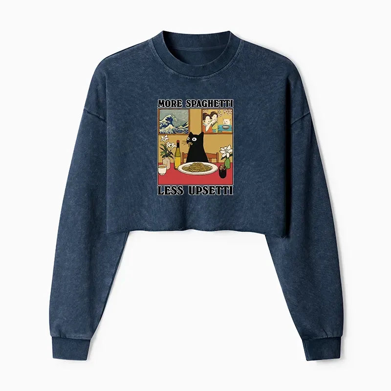 Japanese Cat Eating Pasta Crop Sweatshirt