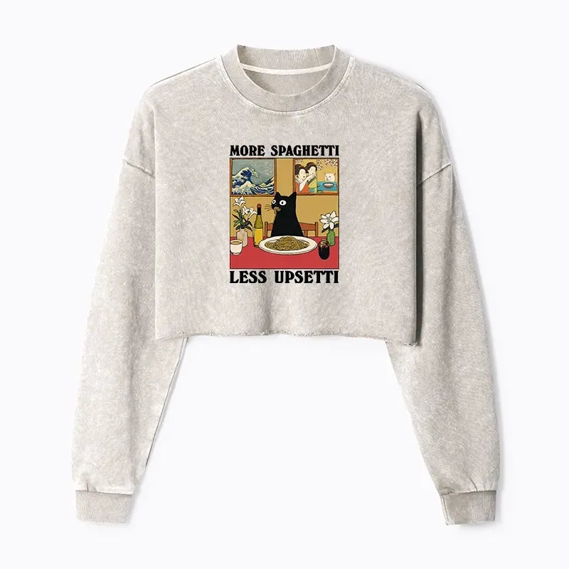 Kyoto-Lion Cat Eating Pasta Washed Crop Sweatshirt