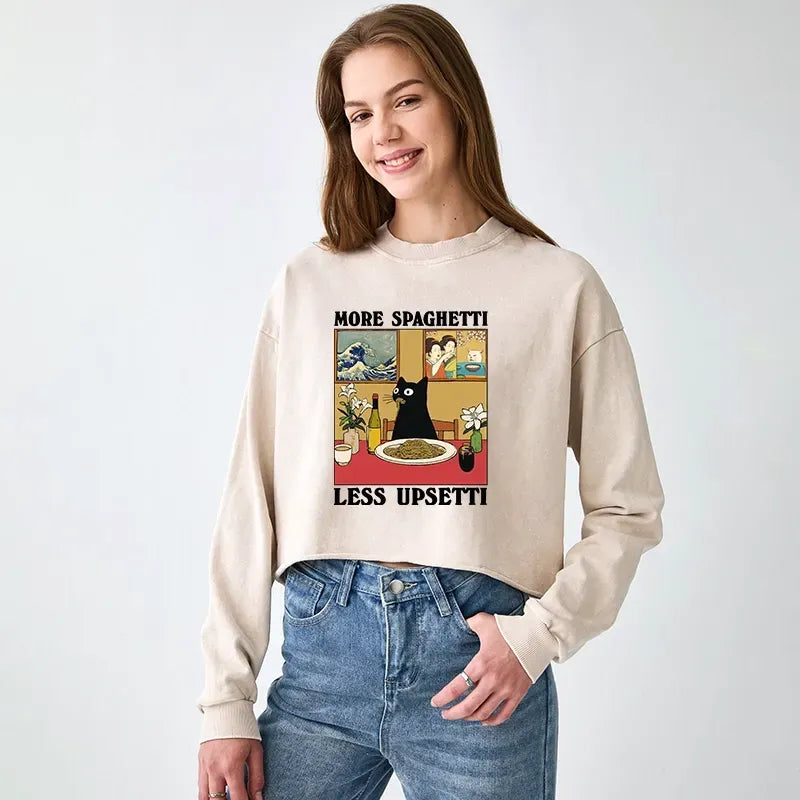 Japanese Cat Eating Pasta Crop Sweatshirt