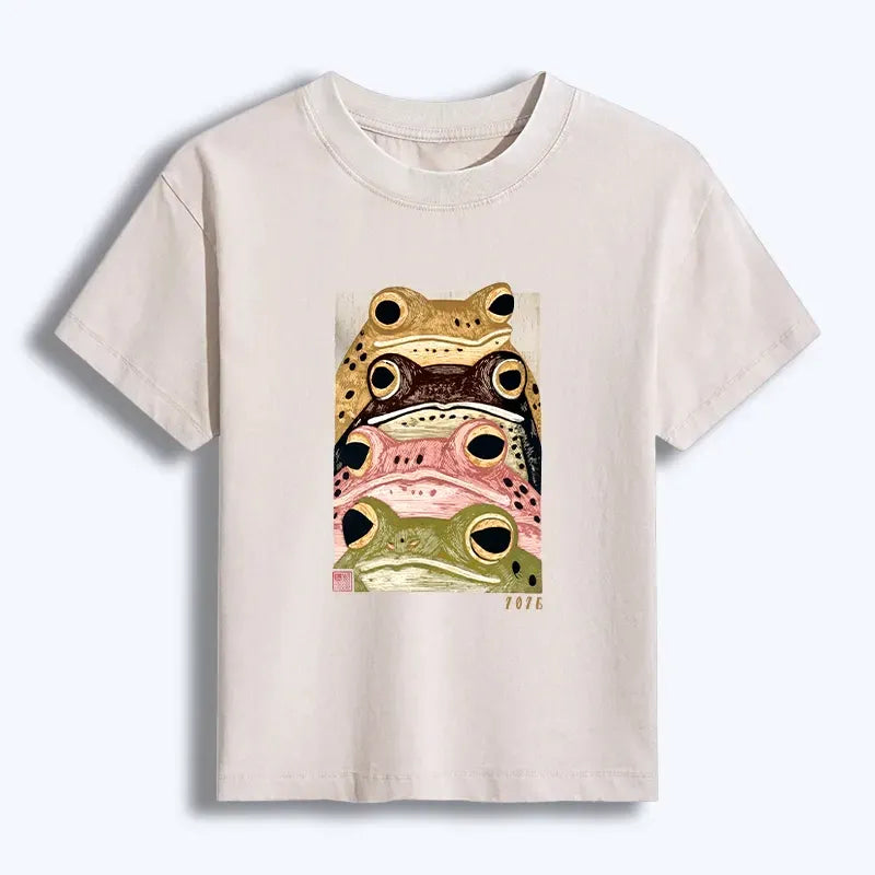 Kyoto-Lion Whimsical Multi Colored Frog Art Women's Washed T-shirt