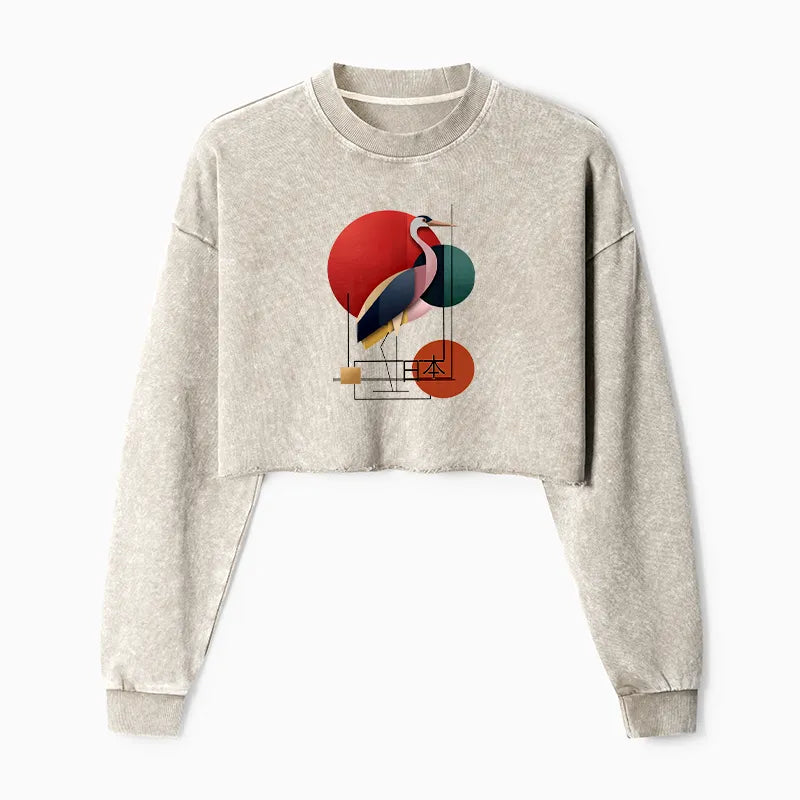 Kyoto-Lion Geometric Crane Art Washed Crop Sweatshirt