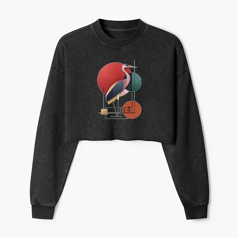 Kyoto-Lion Geometric Crane Art Washed Crop Sweatshirt