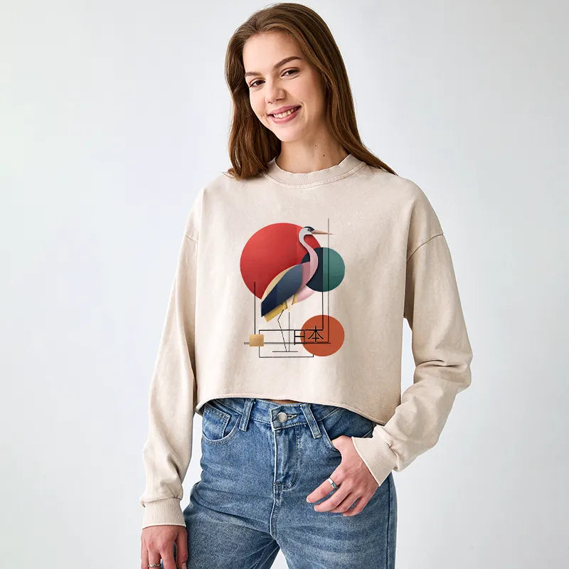 Kyoto-Lion Geometric Crane Art Washed Crop Sweatshirt