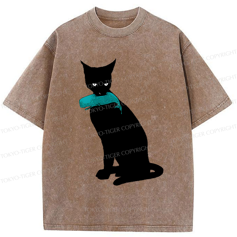 Japanese Cat Eats Whale Washed T-Shirt