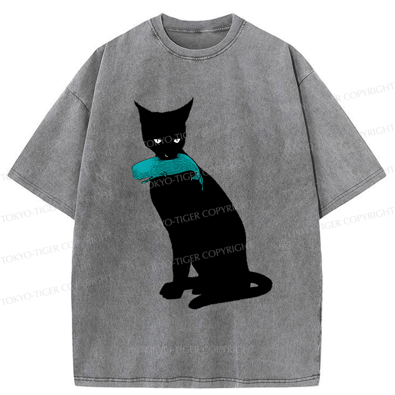 Japanese Cat Eats Whale Washed T-Shirt