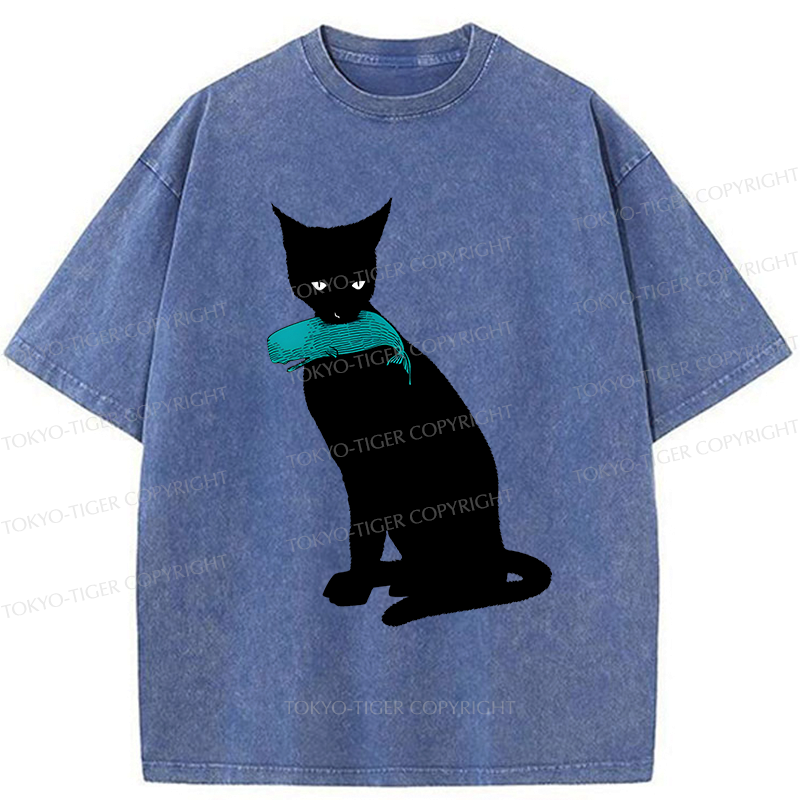Japanese Cat Eats Whale Washed T-Shirt
