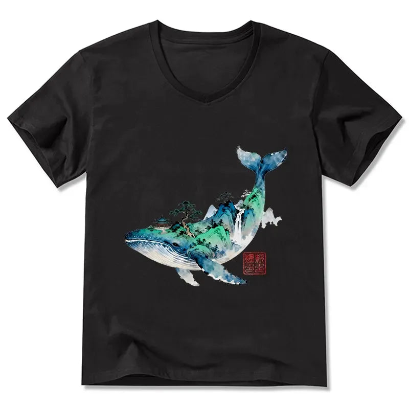 Kyoto whale ink painting V-neck shirt