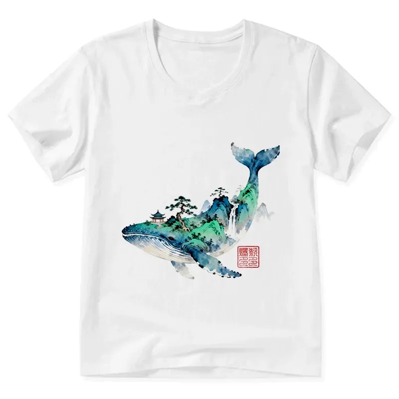 Kyoto-Lion Whale Ink Painting Landscape V-Neck Classic T-Shirt