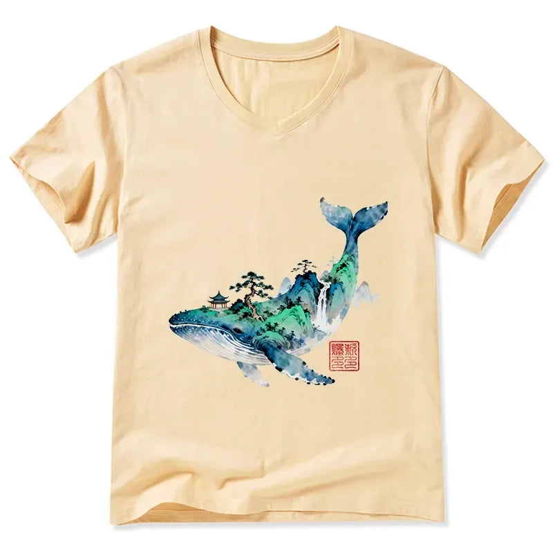 Kyoto-Lion Whale Ink Painting Landscape V-Neck Classic T-Shirt