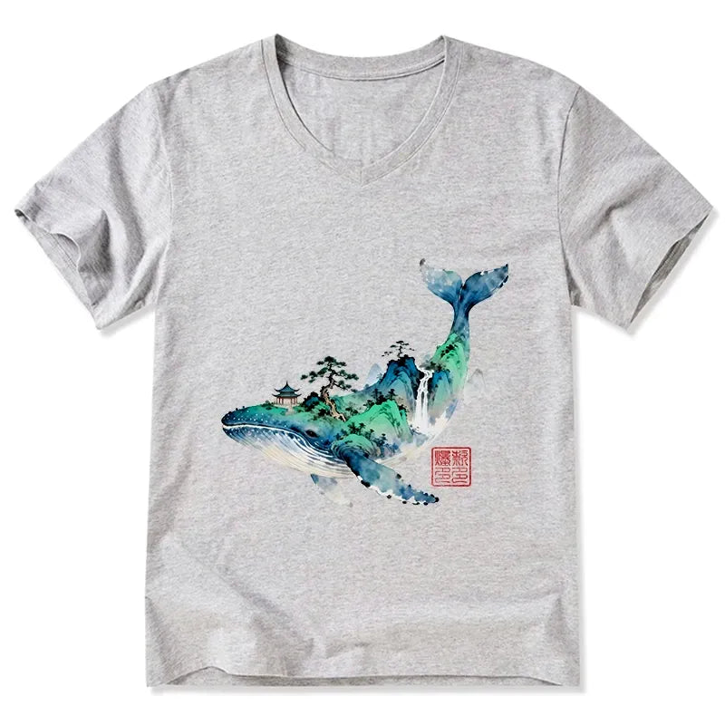 Kyoto-Lion Whale Ink Painting Landscape V-Neck Classic T-Shirt