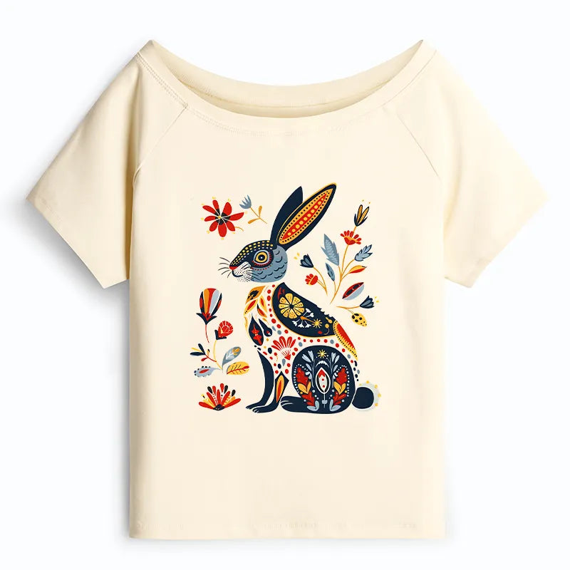 Kyoto-Lion Folk Hare Bloom Off Shoulder T-Shirt