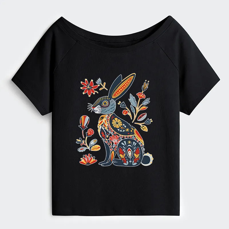 Kyoto-Lion Folk Hare Bloom Off Shoulder T-Shirt