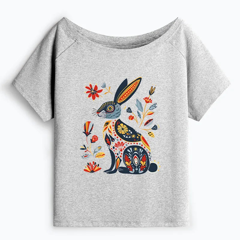Kyoto-Lion Folk Hare Bloom Off Shoulder T-Shirt