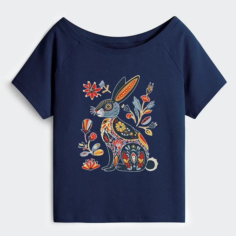 Kyoto-Lion Folk Hare Bloom Off Shoulder T-Shirt